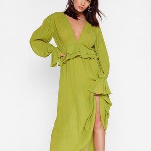 Ruffle Plunging Pleated Maxi Dress